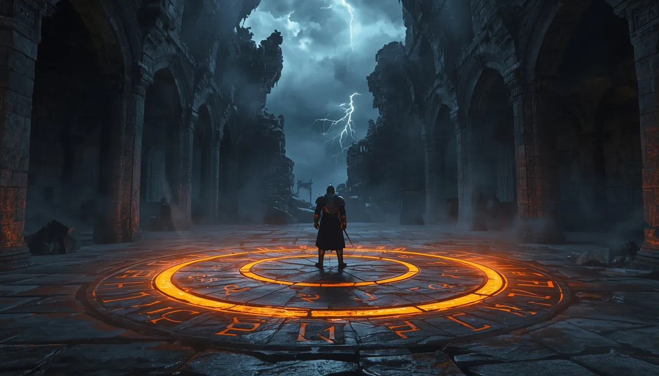 A lone armoured knight stands inside a ring of glowing runes on the floor of a ruined castle hall, lightning in the storm beyond.