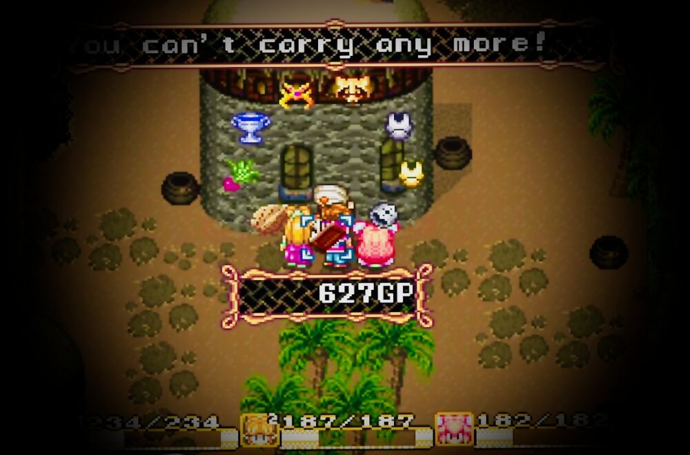 Secret of Mana on the SNES: the three heroes at a shop, the message reading you can’t carry any more, and the gold count showing 627GP.